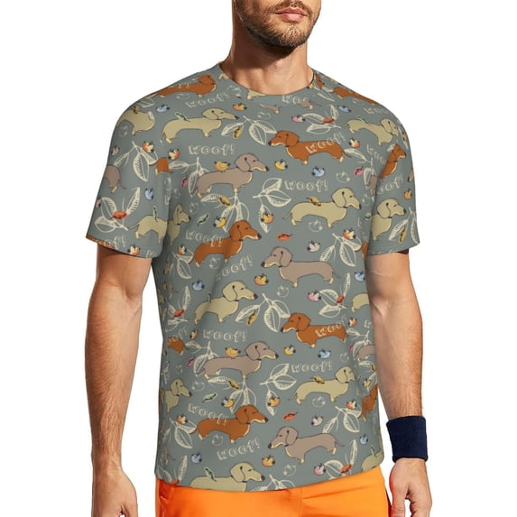 Wukai Dachshund Dog Bird Print Men's Short-Sleeved Mesh T-Shirt,Quick-Dry Short Sleeve Workout T-Shirt-X-Large