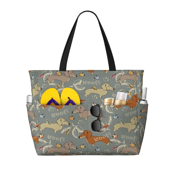 Wukai Dachshund Dog Bird Print Zipper Bag,large Beach Tote Bag,Waterproof Sandproof Bag,Grocery and Picnic Tote Travel Bag