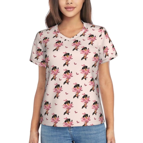 Wukai Dachshund Dog Heart Classic V-Neck T-Shirt for Women: Comfortable, Stylish, and Versatile Wardrobe Essential-Large