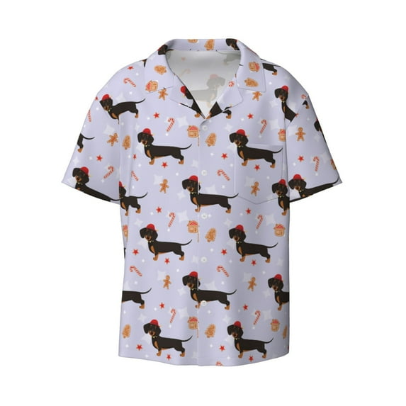 Wukai Dachshund Dog Puppy Men's Casual Short-Sleeve Button Down Shirt - Lightweight Summer Dress Shirt for Daily Wear-XX-Large
