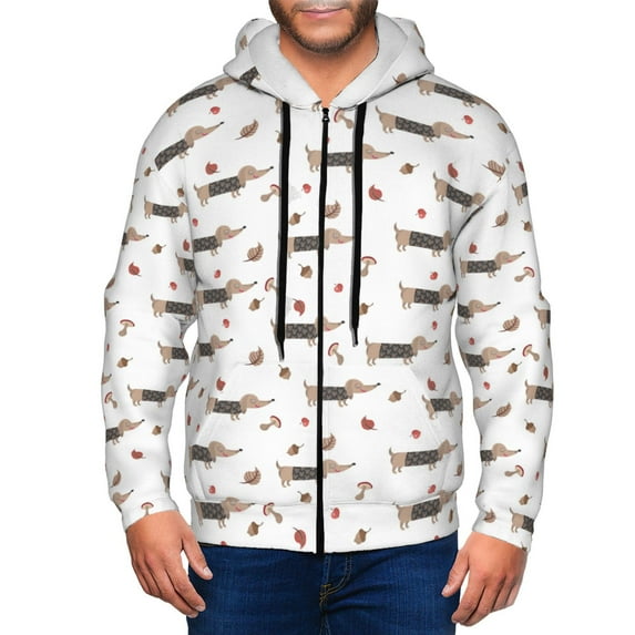 Wukai Dachshund Dog Print Men's Zip-Up Hoodie,Fleece Full-Zip Hoodie for Men, Hooded Sweatshirt-X-Large