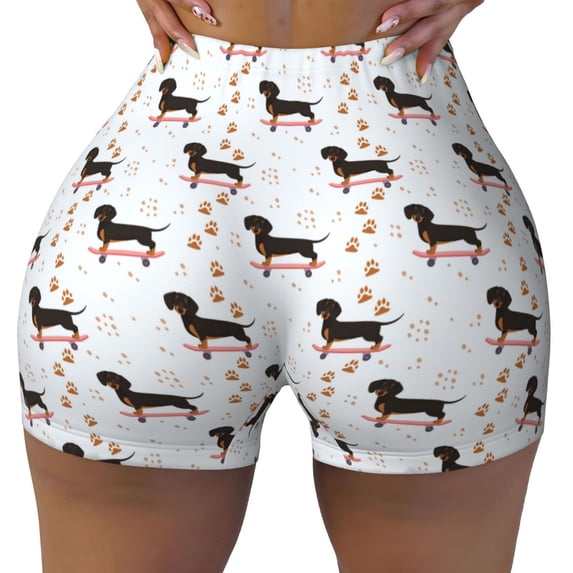 Wukai Dachshund Dog Print Pack Biker Shorts for Women Yoga Workout Gym Running Scrunch Active Shorts-Large