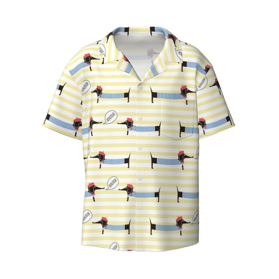 Wukai Dachshund Dog Puppy Men's Casual Short-Sleeve Button Down Shirt - Lightweight Summer Dress Shirt for Daily Wear-Large