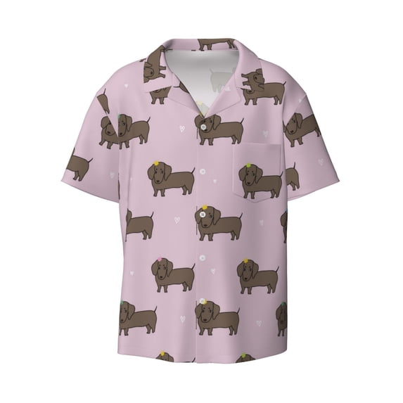 Wukai Dachshund Dog Puppy Men's Casual Short-Sleeve Button Down Shirt - Lightweight Summer Dress Shirt for Daily Wear-Small