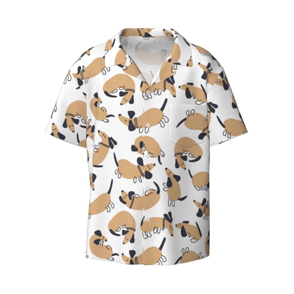 Wukai Dachshund Dog Puppy Men's Casual Short-Sleeve Button Down Shirt - Lightweight Summer Dress Shirt for Daily Wear-XX-Large