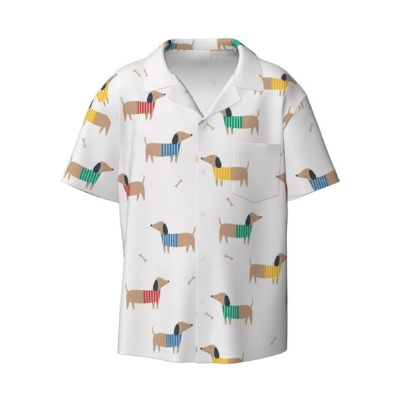 Wukai Dachshund Dog Puppy Men's Casual Short-Sleeve Button Down Shirt - Lightweight Summer Dress Shirt for Daily Wear-XX-Large