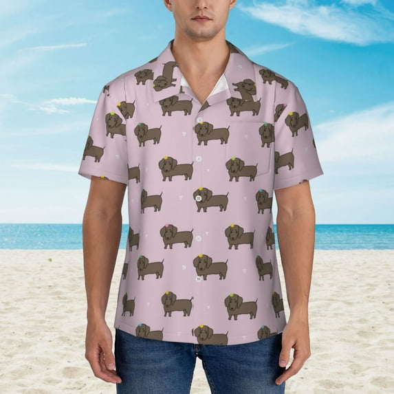 Wukai Dachshund Dog Puppy Men's Hawaiian Shirt Short Sleeve Casual Button Down Summer Beach Aloha Shirt Tropical Print Holiday Party