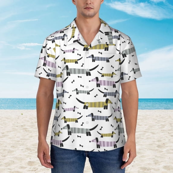 Wukai Dachshund Dog Puppy Men's Hawaiian Shirt Short Sleeve Casual Button Down Summer Beach Aloha Shirt Tropical Print Holiday Party
