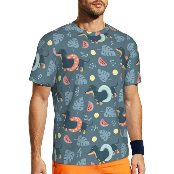 Wukai Dachshund Dog Puppy Print Men's Short-Sleeved Mesh T-Shirt,Quick-Dry Short Sleeve Workout T-Shirt-5X-Large