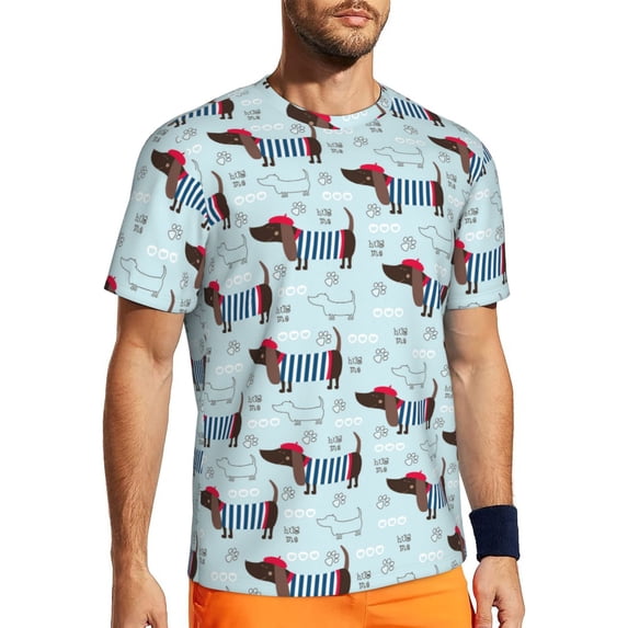 Wukai Dachshund Dog Puppy Print Men's Short-Sleeved Mesh T-Shirt,Quick-Dry Short Sleeve Workout T-Shirt-Medium