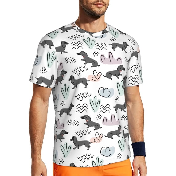 Wukai Dachshund Dog Puppy Print Men's Short-Sleeved Mesh T-Shirt,Quick-Dry Short Sleeve Workout T-Shirt-X-Large