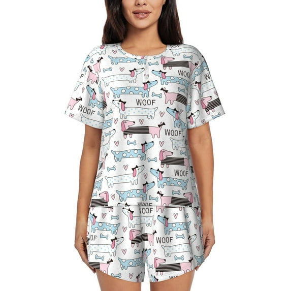 Wukai Dachshund Dog Puppy Women's Pajama Set,Short-Sleeve Top and Shorts with Elastic Waistband and Pockets for Loungewear, Yoga, and Casual Wear-4X-Large