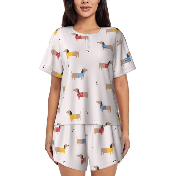 "Wukai Dachshund Dog Puppy Women's Pajama Set - Short-Sleeve Top and Shorts with Elastic Waistband and Pockets for Loungewear, Yoga, and Casual Wear-4X-Large
