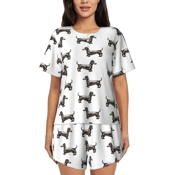 "Wukai Dachshund Dog Puppy Women's Pajama Set - Short-Sleeve Top and Shorts with Elastic Waistband and Pockets for Loungewear, Yoga, and Casual Wear-Small