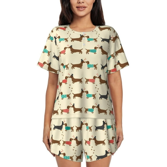"Wukai Dachshund Dog Women's Pajama Set - Short-Sleeve Top and Shorts with Elastic Waistband and Pockets for Loungewear, Yoga, and Casual Wear-