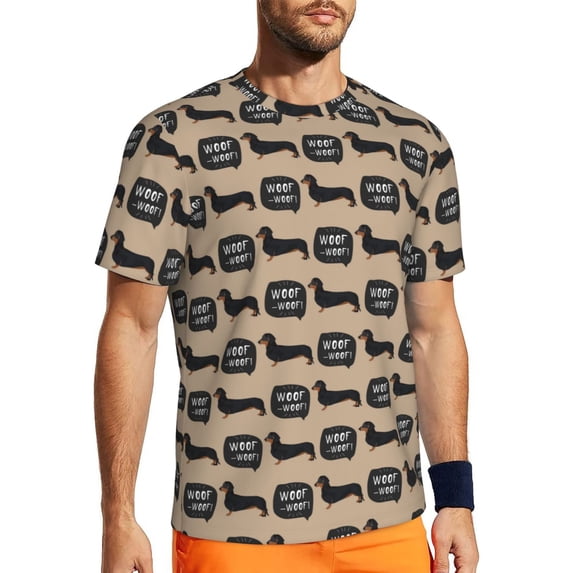 Wukai Dachshund Dog Woof Print Men's Short-Sleeved Mesh T-Shirt,Quick-Dry Short Sleeve Workout T-Shirt-Medium