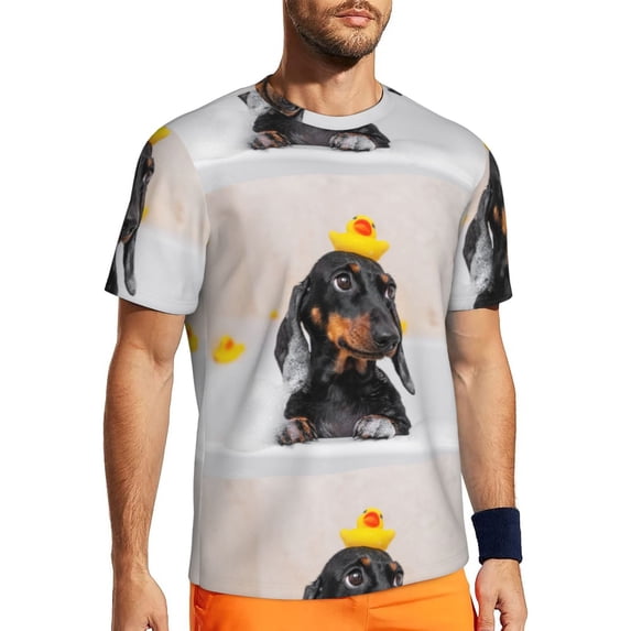 Wukai Dachshund Sitting in Bathtub Print Men's Short-Sleeved Mesh T-Shirt,Quick-Dry Short Sleeve Workout T-Shirt-Medium