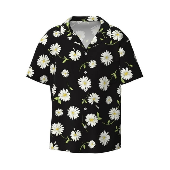 Wukai Daisies Flowers Men's Casual Short-Sleeve Button Down Shirt - Lightweight Summer Dress Shirt for Daily Wear-Large