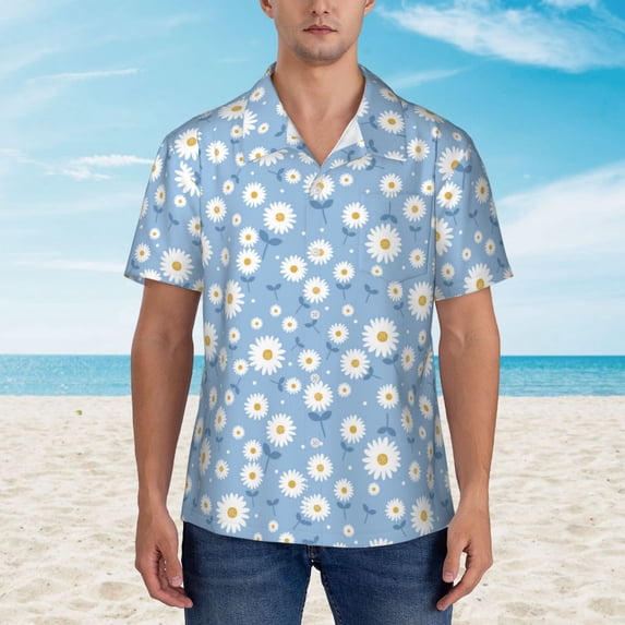 Wukai Daisies Flowers Men's Hawaiian Shirt Short Sleeve Casual Button Down Summer Beach Aloha Shirt Tropical Print Holiday Party