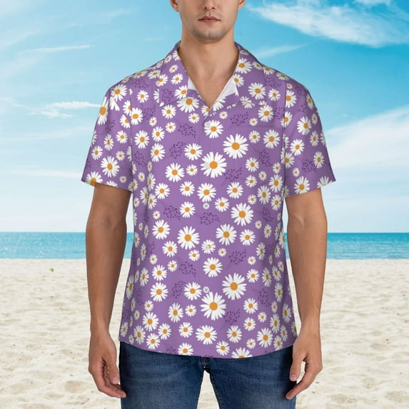 Wukai Daisies Flowers Men's Hawaiian Shirt Short Sleeve Casual Button Down Summer Beach Aloha Shirt Tropical Print Holiday Party