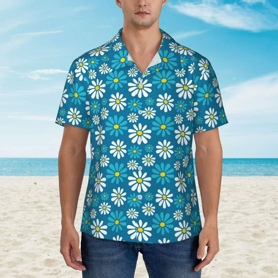 Wukai Daisies Flowers Men's Hawaiian Shirt Short Sleeve Casual Button Down Summer Beach Aloha Shirt Tropical Print Holiday Party
