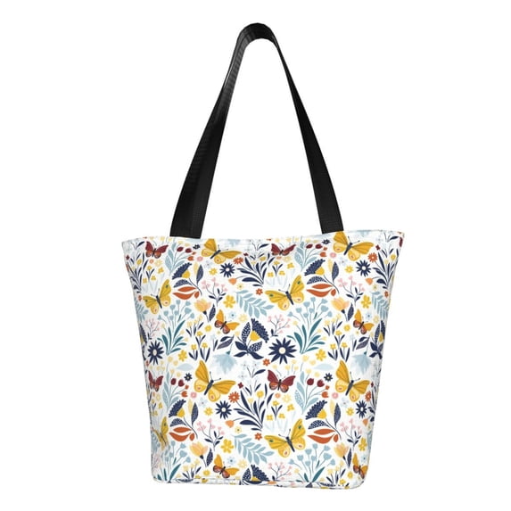 Vsdgher Flowers Butterfly print Reusable Shopping Grocery Bags for Women Shopping with Pouch Foldable Pouch Lightweight Polyester Fabric