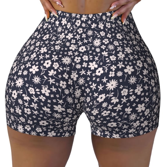 Wukai Daisies Flowers Print Pack Biker Shorts for Women Yoga Workout Gym Running Scrunch Active Shorts-Large