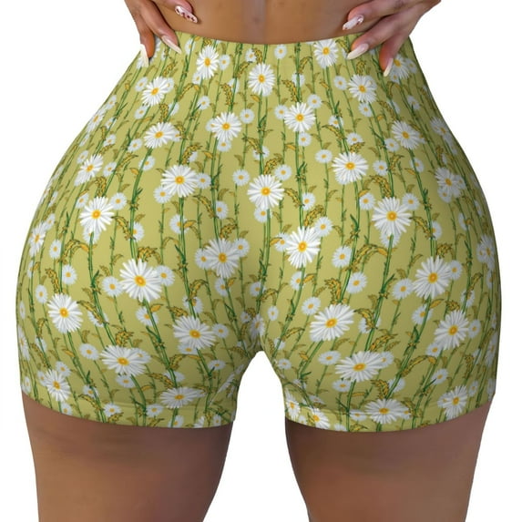 Wukai Daisies Flowers Print Pack Biker Shorts for Women Yoga Workout Gym Running Scrunch Active Shorts-Medium