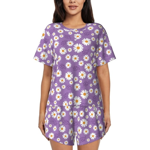 Wukai Daisies Flowers Women's Pajama Set,Short-Sleeve Top and Shorts with Elastic Waistband and Pockets for Loungewear, Yoga, and Casual Wear-Large