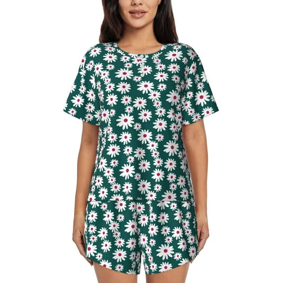 "Wukai Daisies Flowers Women's Pajama Set - Short-Sleeve Top and Shorts with Elastic Waistband and Pockets for Loungewear, Yoga, and Casual Wear-X-Large