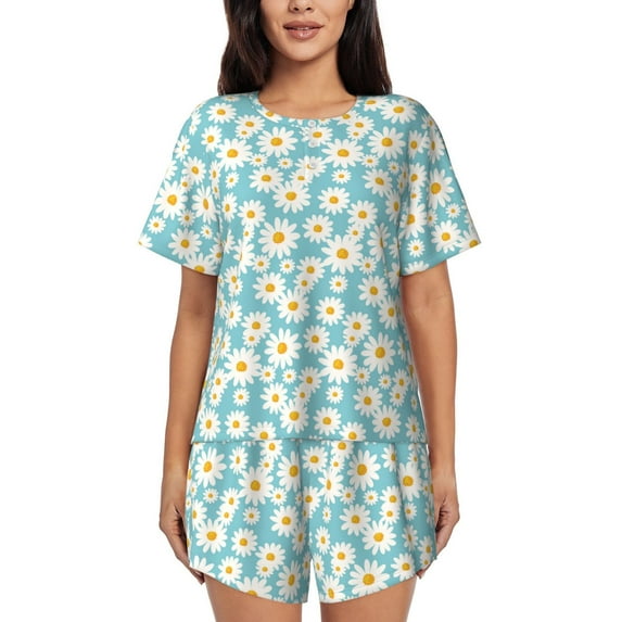 Wukai Daisy Floral A Women's Pajama Set,Short-Sleeve Top and Shorts with Elastic Waistband and Pockets for Loungewear, Yoga, and Casual Wear-Large