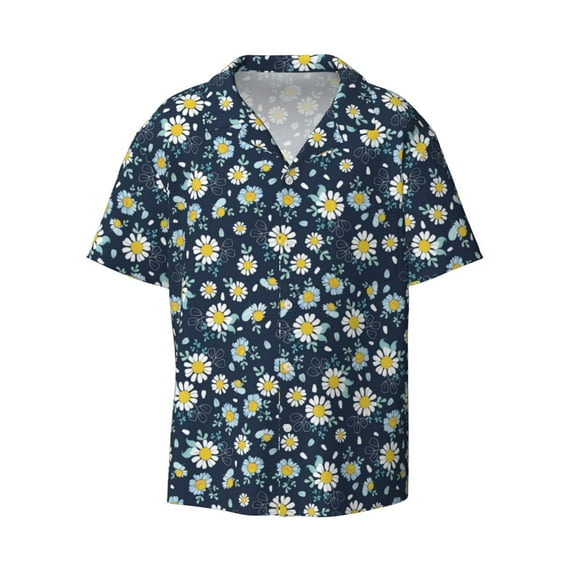 Wukai Daisy Floral B Men's Casual Short-Sleeve Button Down Shirt - Lightweight Summer Dress Shirt for Daily Wear-XX-Large