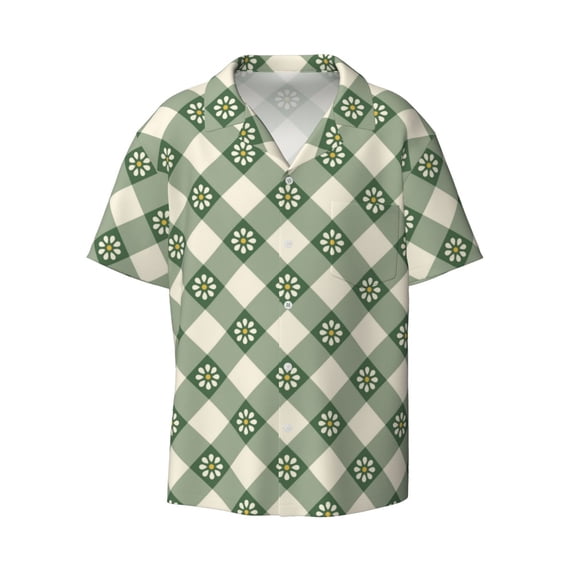 Wukai Daisy Plaid Green Men's Casual Short-Sleeve Button Down Shirt - Lightweight Summer Dress Shirt for Daily Wear-X-Large
