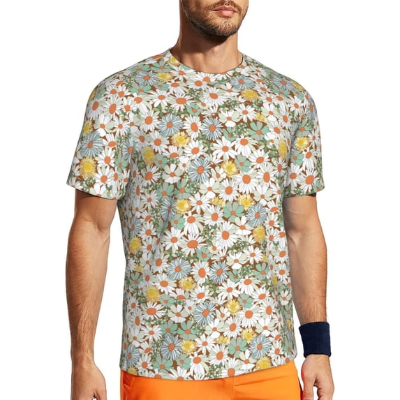 Wukai Daisy Print Men's Short-Sleeved Mesh T-Shirt,Quick-Dry Short Sleeve Workout T-Shirt-6X-Large