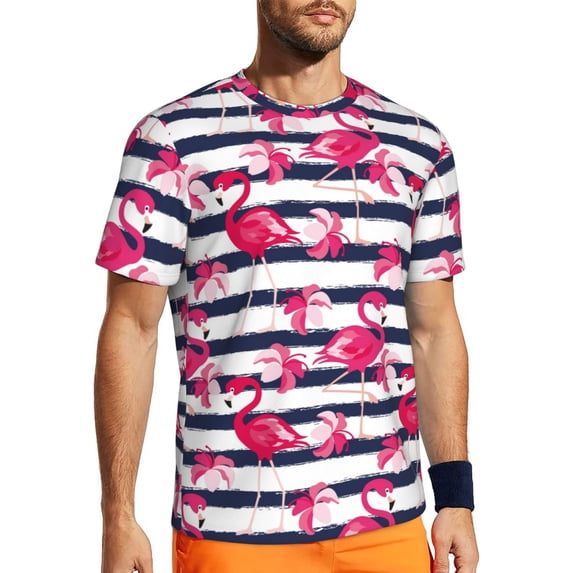 Wukai Dark Blue Stripes and Flamingos Print Men's Short-Sleeved Mesh T-Shirt,Quick-Dry Short Sleeve Workout T-Shirt-Small