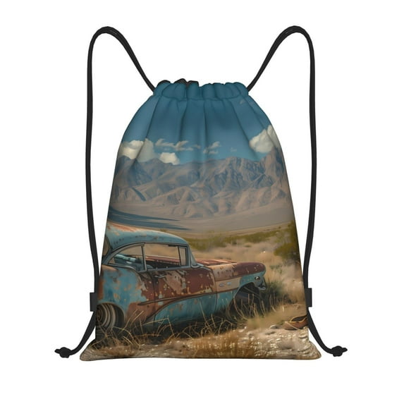 Wukai Deserted Classic Car Landscape Drawstring Backpack Bag Sport Gym Sackpack Large Size String Backpack Cinch for Women Men-Medium
