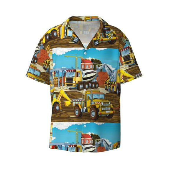 Wukai Different Construction Site Vehicles Men's Casual Short-Sleeve Button Down Shirt - Lightweight Summer Dress Shirt for Daily Wear-Large