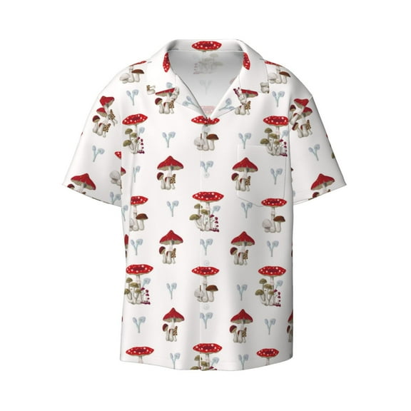 Wukai Different Mushrooms Men's Casual Short-Sleeve Button Down Shirt - Lightweight Summer Dress Shirt for Daily Wear-Small
