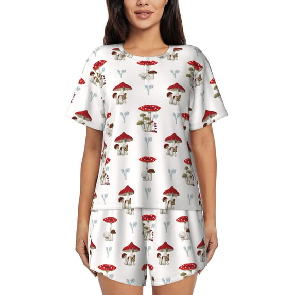 "Wukai Different Mushrooms Women's Pajama Set - Short-Sleeve Top and Shorts with Elastic Waistband and Pockets for Loungewear, Yoga, and Casual Wear-X-Large
