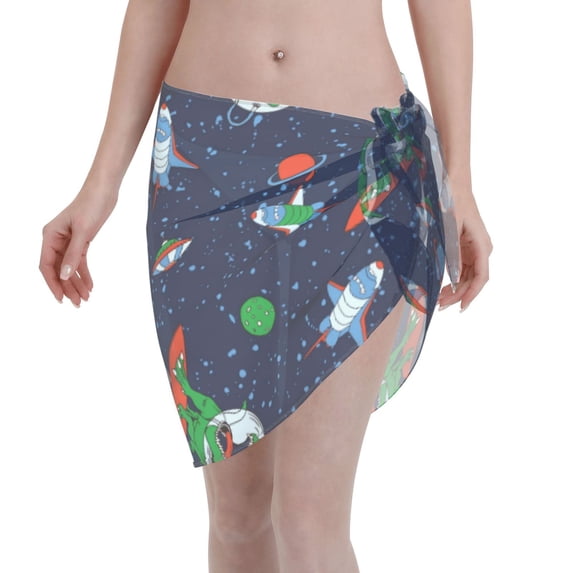 Wukai Dinosaur Astronaut Space Surfing Women’s Short Sarongs Beach Wrap Bikini Bottom Short Skirt Chiffon Scarf for Swimwear