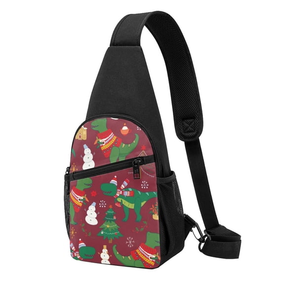 Wukai Dinosaur Christmas Happy New Year Versatile Chest Bag with Adjustable Strap and Multiple Pockets for Daily Use, Outdoor Sports, Shopping, and Excursions