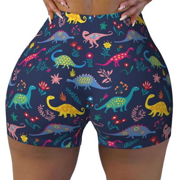 Wukai Dinosaur Flowers Print Pack Biker Shorts for Women Yoga Workout Gym Running Scrunch Active Shorts-Large