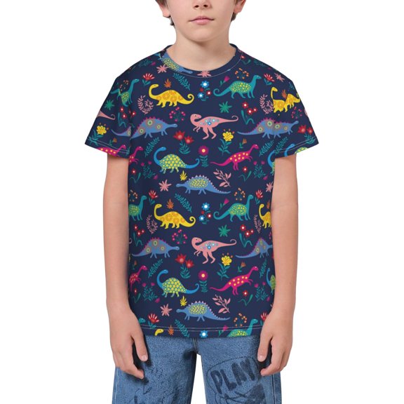 Wukai Dinosaur Flowers Youth Unisex Short Sleeve T-Shirt for Boys, Girls, Teens, and Kids-Small