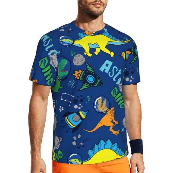 Wukai Dinosaur In Space Print Men's Short-Sleeved Mesh T-Shirt,Quick-Dry Short Sleeve Workout T-Shirt-