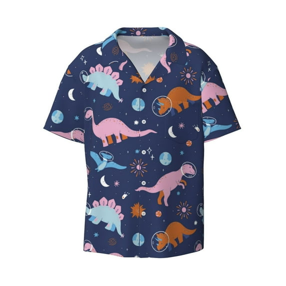 Wukai Dinosaur Men's Casual Short-Sleeve Button Down Shirt - Lightweight Summer Dress Shirt for Daily Wear-