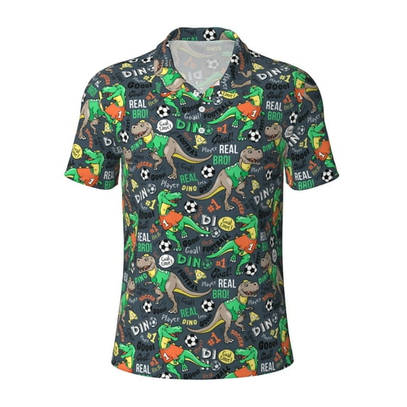 Wukai Dinosaur Plays Soccer Men’s Polo Shirts,Quick-Dry Athletic Shirt,Classic Fit Shirts-XX-Large