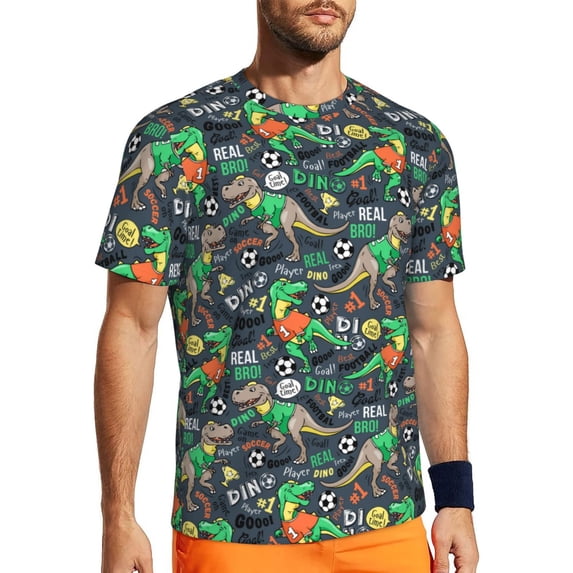 Wukai Dinosaur Plays Soccer Print Men's Short-Sleeved Mesh T-Shirt,Quick-Dry Short Sleeve Workout T-Shirt-3X-Large