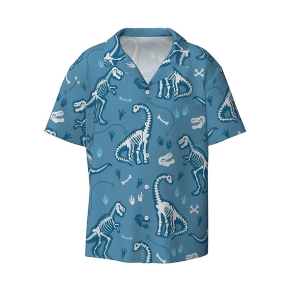 Wukai Dinosaur Skull Men's Casual Short-Sleeve Button Down Shirt - Lightweight Summer Dress Shirt for Daily Wear-Large