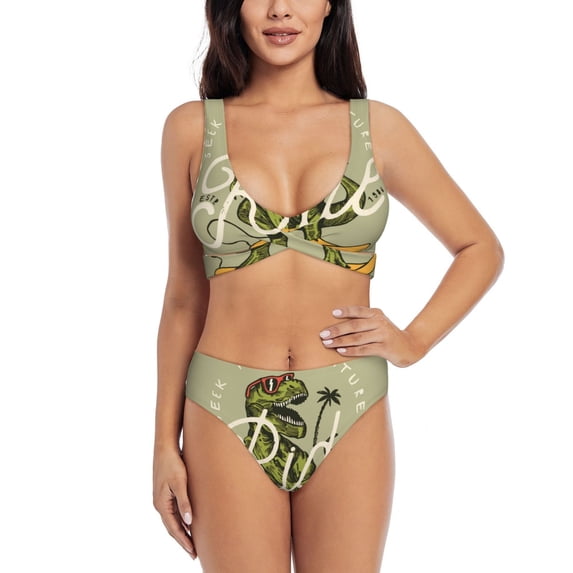Wukai Dinosaur Women's Bikini Set Two Piece,wimsuit High Waisted V Neck Twist Front Adjustable Spaghetti Straps Bathing Suit-