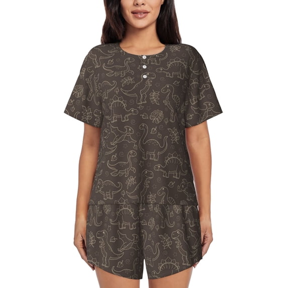 "Wukai Dinosaur Women's Pajama Set - Short-Sleeve Top and Shorts with Elastic Waistband and Pockets for Loungewear, Yoga, and Casual Wear-X-Large
